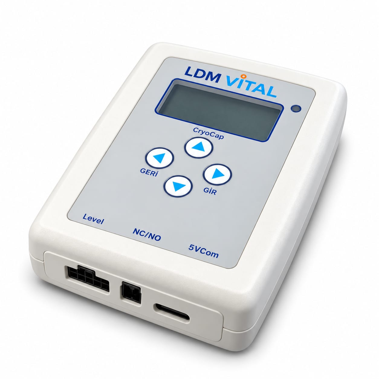CryoCap sıvı azot seviye ve alarm ünitesi: LDM VITAL markalı beyaz gövde, OLED ekran ve GERİ / GİR ok tuşları; alt kenarda Level, NC/NO ve 5VCom bağlantıları