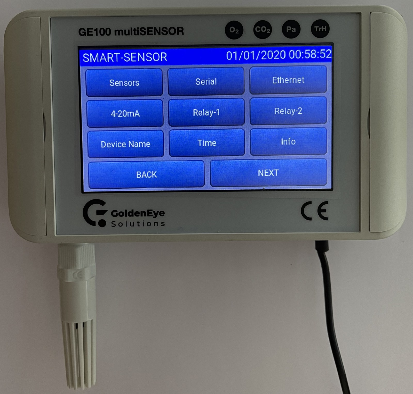 GE-100 MultiSensor ayar menüsü: sensör, seri port, Ethernet, 4-20 mA, röle-1 ve röle-2, cihaz adı ve saat başlıkları