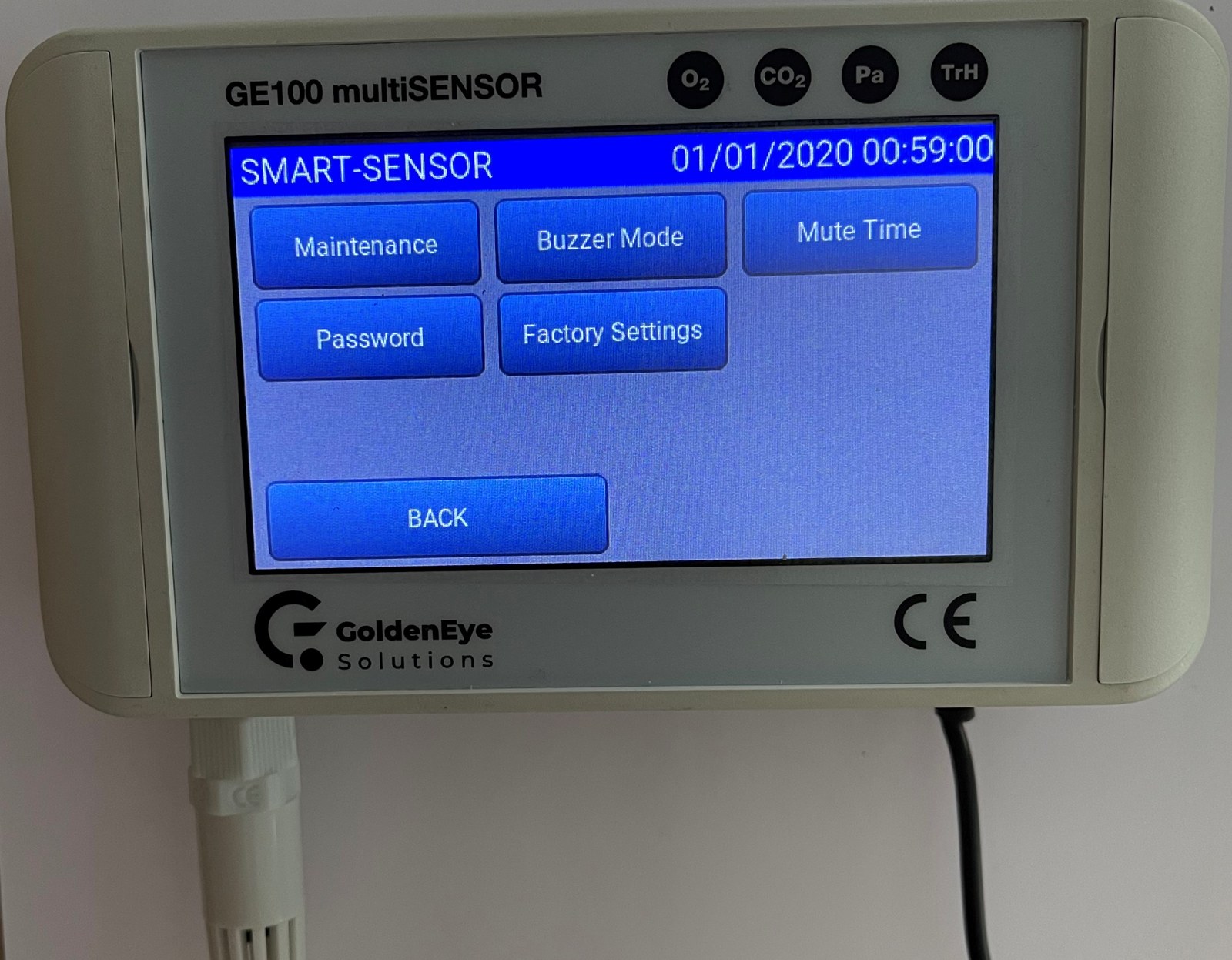 GE-100 MultiSensor bakım menüsü: bakım, buzzer modu, sessize alma süresi, şifre ve fabrika ayarları
