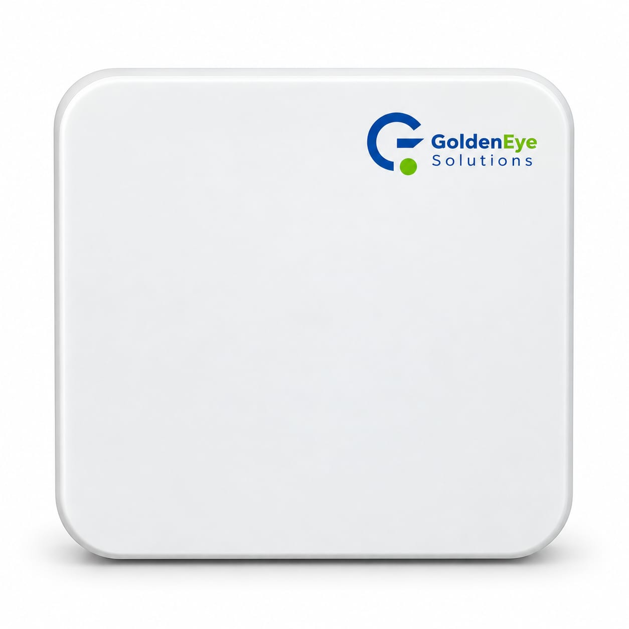 GE-202 IoT modülü: GoldenEye Solutions logolu, köşeleri yuvarlatılmış beyaz duvar tipi gövde