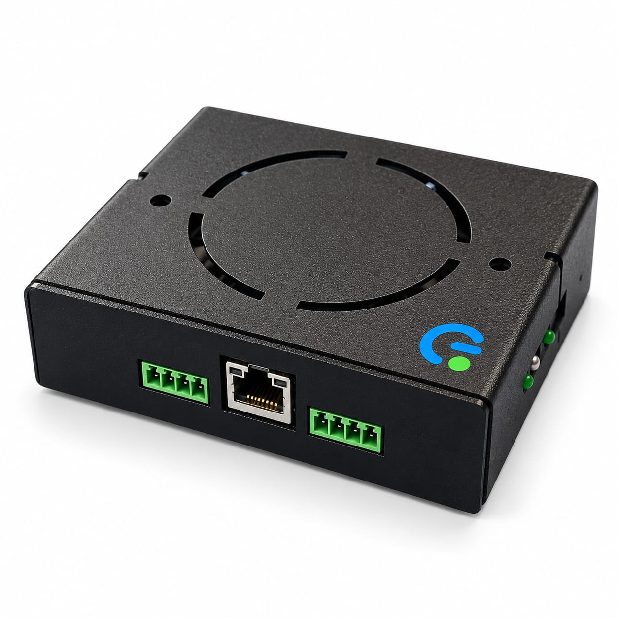 GE-EDGE uç ağ geçidi: siyah metal gövde, ön yüzde RJ45 Ethernet portu ve iki adet dört pinli yeşil terminal bloğu, üstte havalandırma kesiti